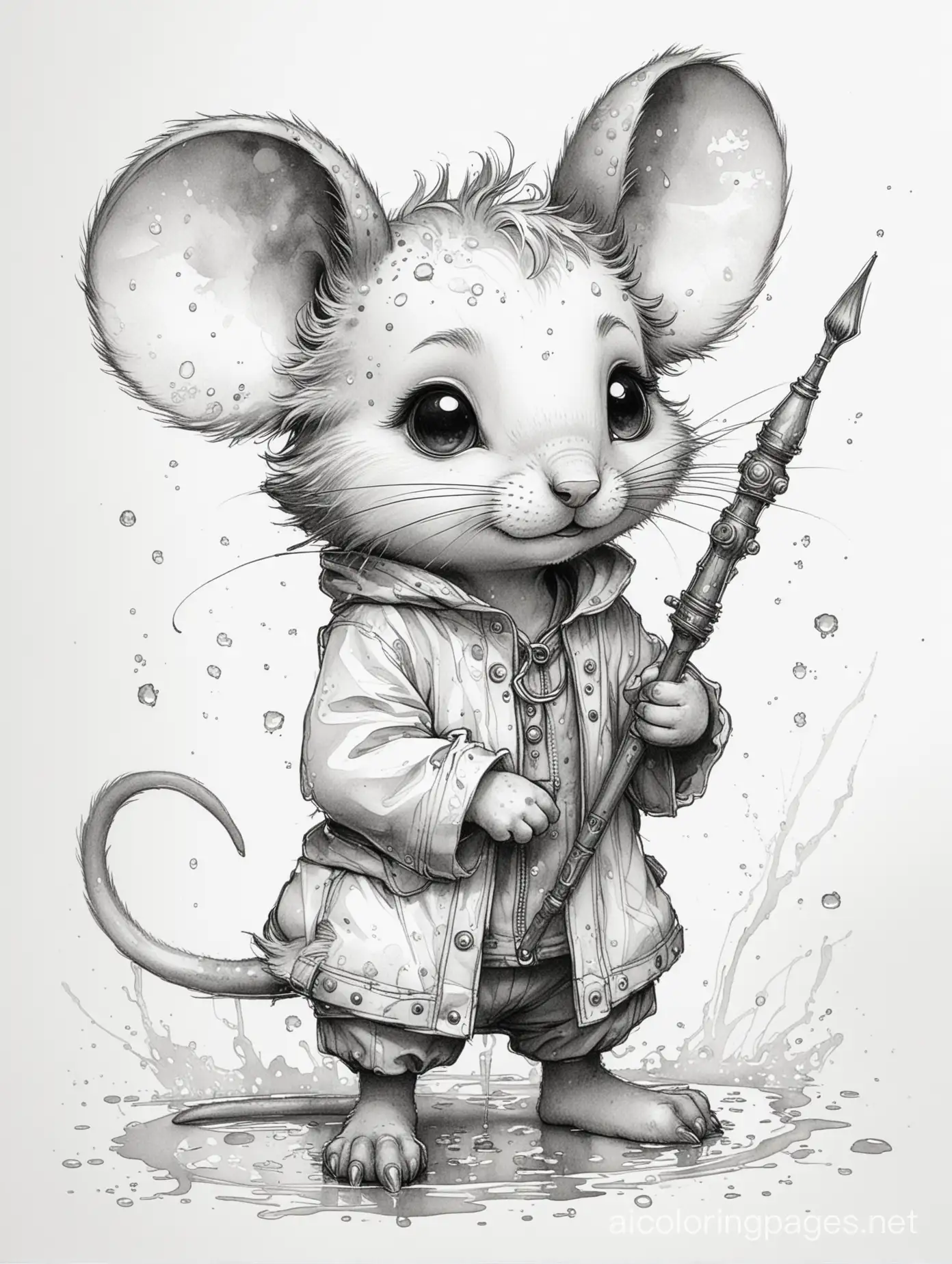 Wet grunge, black ink , cute chibi mice,  brush mark on white watercolor paper ,sketch illustration, described in the polka dot style of Alphonse Mucha and Jeremy Mann, Coloring Page, black and white, line art, white background, Simplicity, Ample White Space. The background of the coloring page is plain white to make it easy for young children to color within the lines. The outlines of all the subjects are easy to distinguish, making it simple for kids to color without too much difficulty