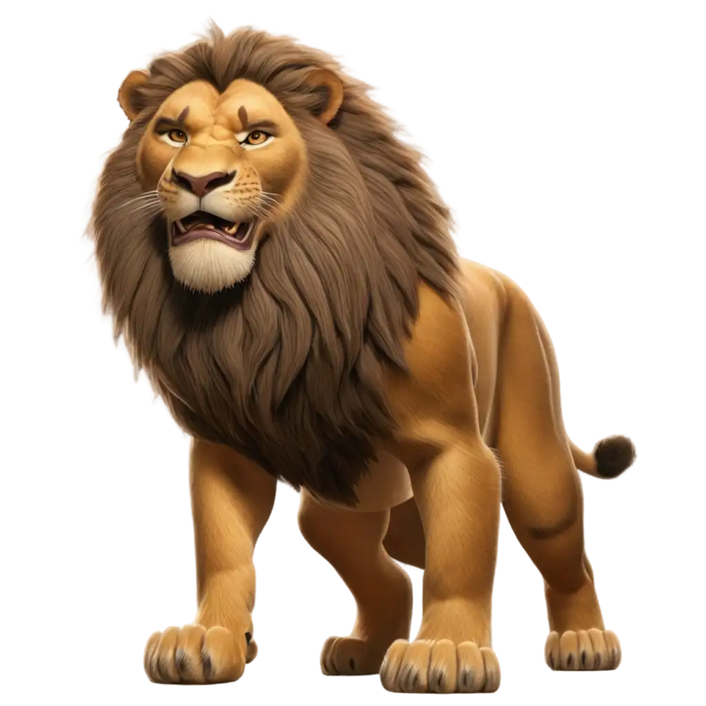 a high-quality 3D rendering of a majestic and fierce Lion ((King of the Jungle)), featuring intricate details of its fur, intense eyes, and powerful stance. The Lion should be depicted in a dynamic pose, exuding strength and confidence. The Lion's mane should be lush and expressive, adding to the overall regal appearance. The scene should be set in a natural habitat with hints of savannah grass and distant trees, enhancing the wild and untamed essence of the Lion. The style should be realistic, with a focus on textures and lighting to bring out the realism of the Lion's features. This 3D Lion artwork is perfect for wildlife enthusiasts, nature lovers, or anyone captivated by the beauty and power of these magnificent creatures.