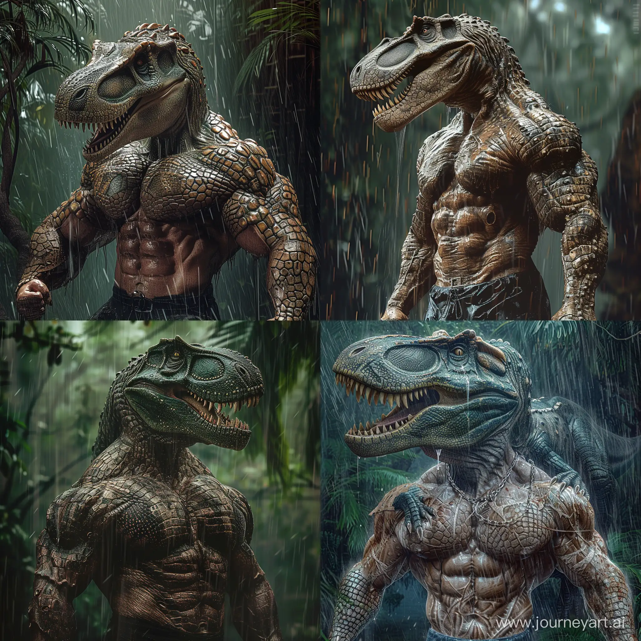 Bodybuilder with alligator skin and head of a Tyrannosaurus Rex, photorealistic, cinematic, scary, jungle, rain, spooky