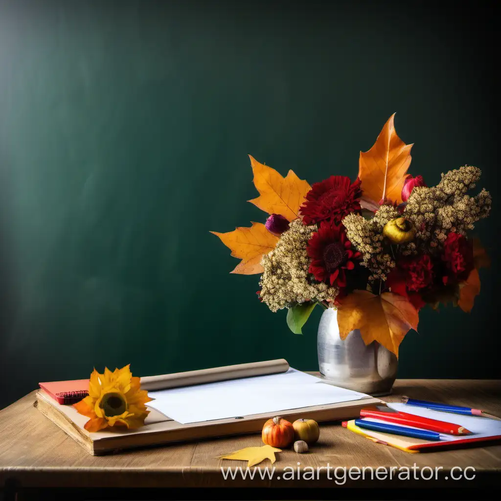 на столе букет цветов, осенний лист, на заднем фоне школьная доска