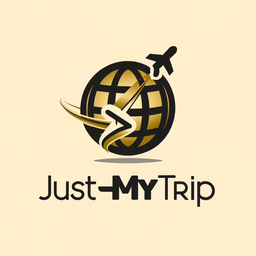 a logo design, with the text color Gold 'JustMyTrip', main symbol: Globe, Airplane also gold color, complex, to be used in Travel industry, background black