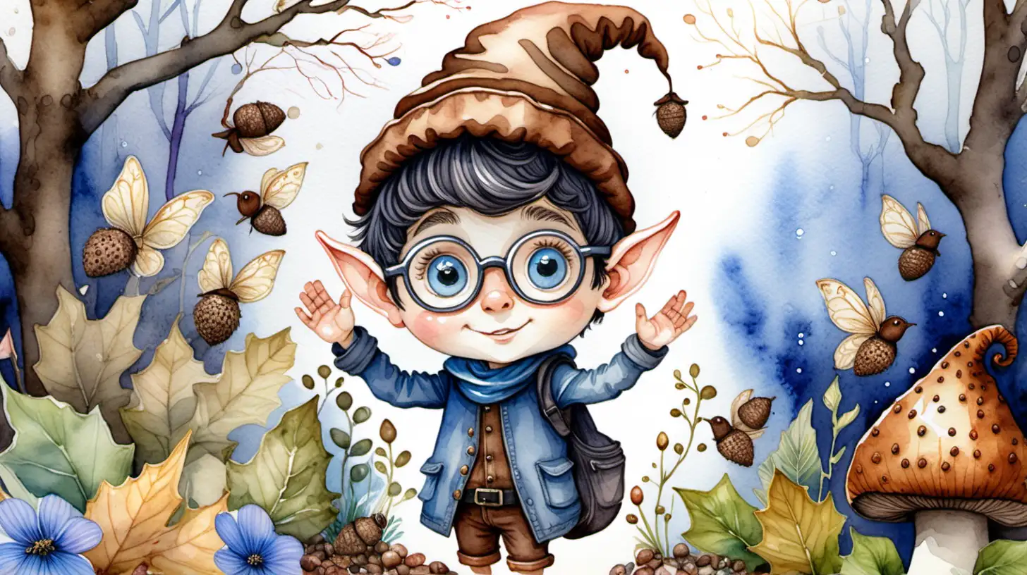 A watercolour fairytale painting. In a fairy garden.  A darkhaired, blue eyed male pixie in a brown acorn hat wearing glasses waves goodbye

