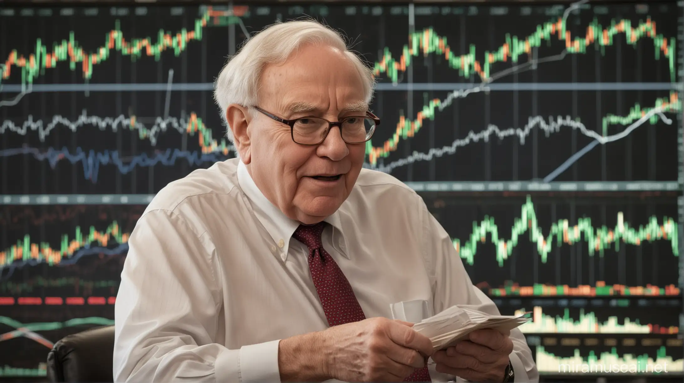 Warren Buffett buying a hidden stock and stock market graph in background.