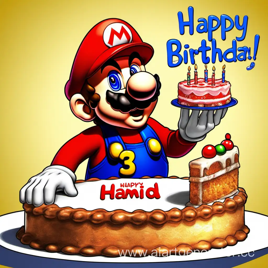 Марио ест торт с надписью  «Хамид с днем рождения»