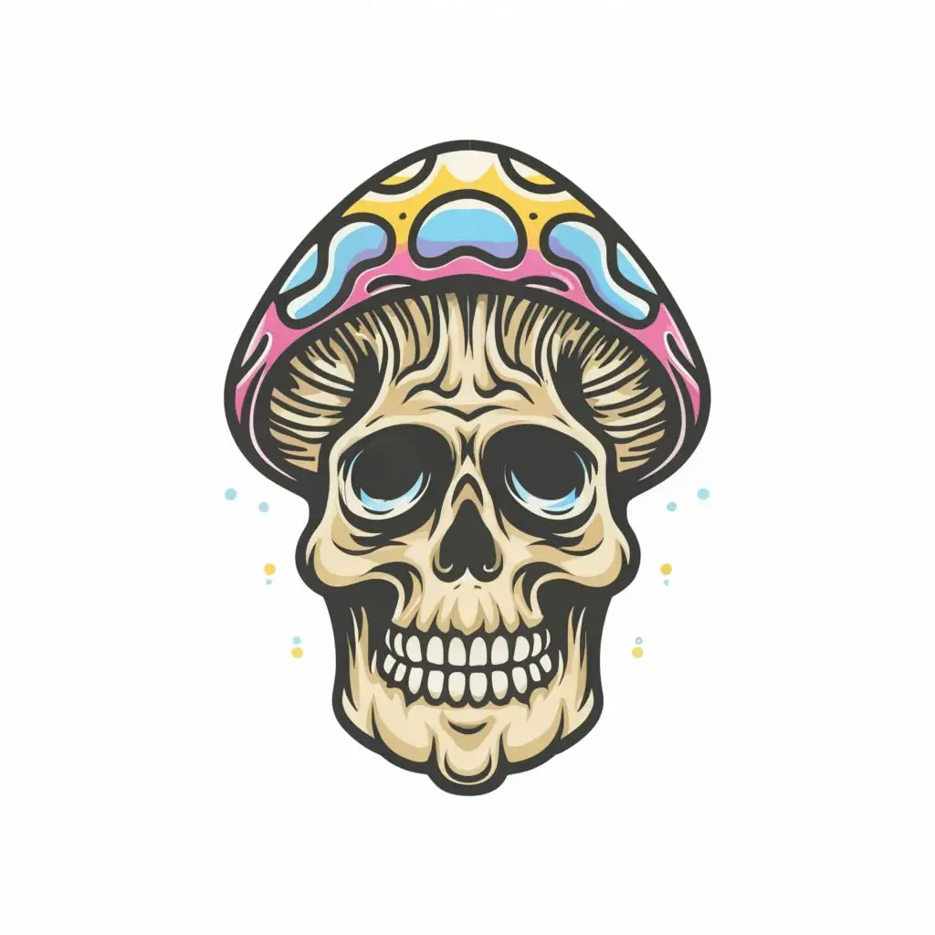 logo, logo, t-shirt Psychedelic  mushroom skull white background full color fill image ,Contour, Vector, white background, no words, ultra Detailed, ultra sharp narrow outlined image, no jagged edges, vibrant neon colors, typography, with the text ".", typography