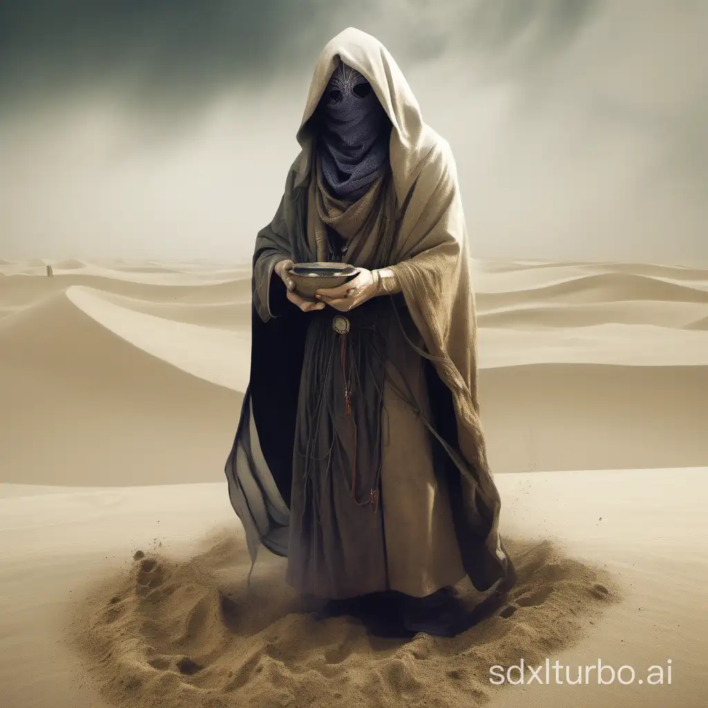 strange occult mage, with desertic clothes, poor, veiled face, sand