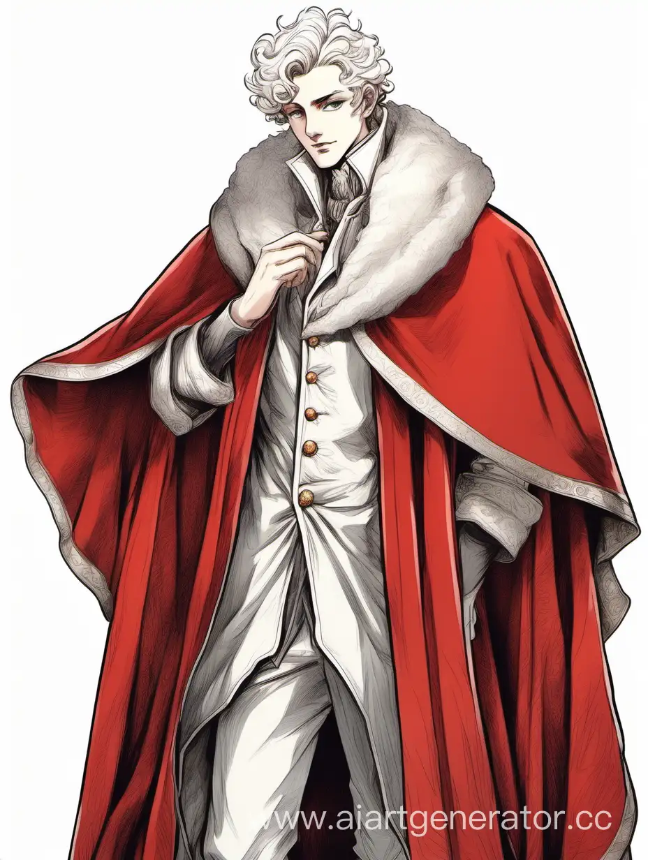 рисунок парень аристократ с острыми чертами лица белыми кудрями и серыми глазами в Красной мантии с длинным прямым носом молодой