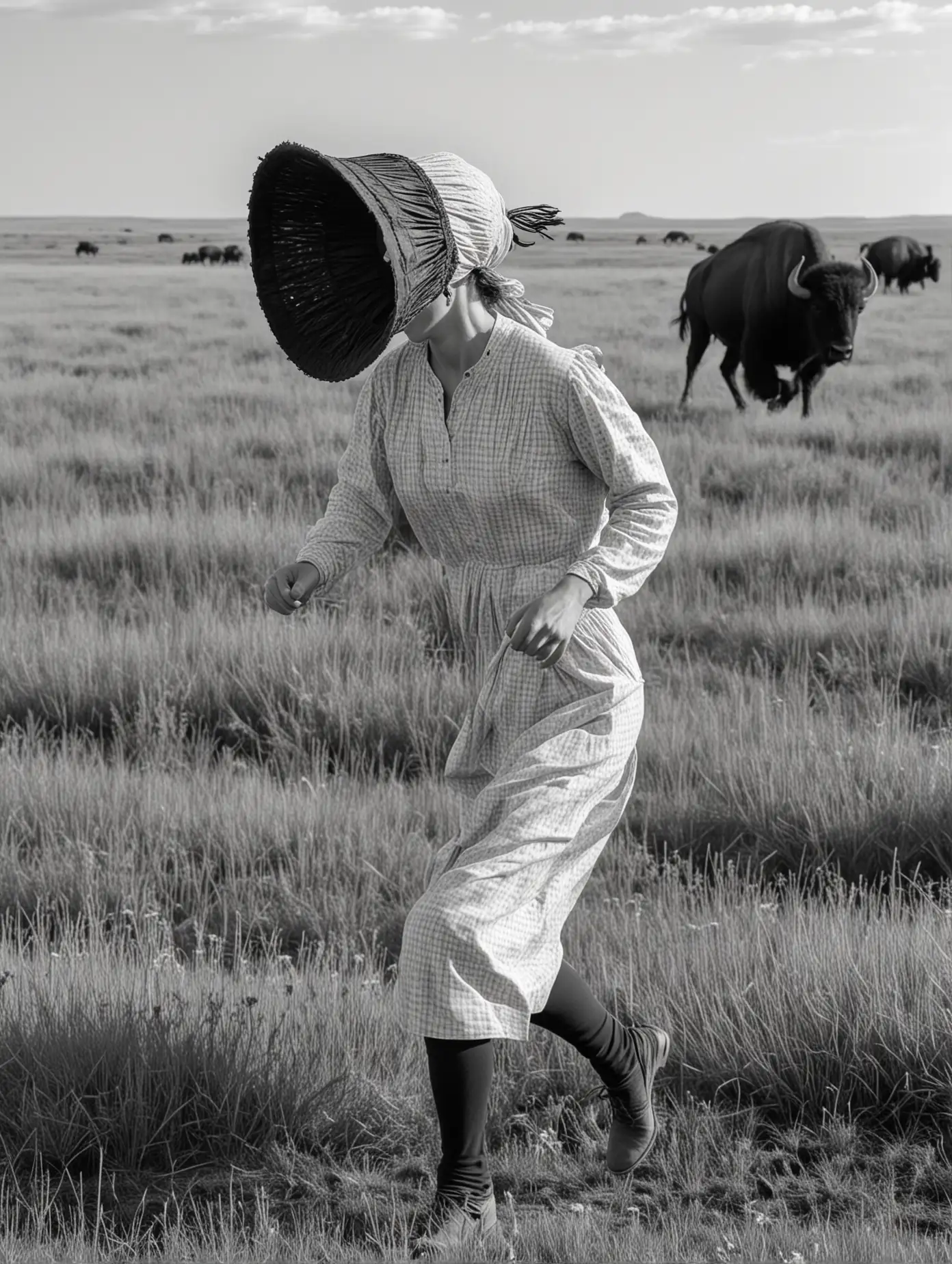 American Pioneer Woman Running through Prairie with Buffalo in Black and White