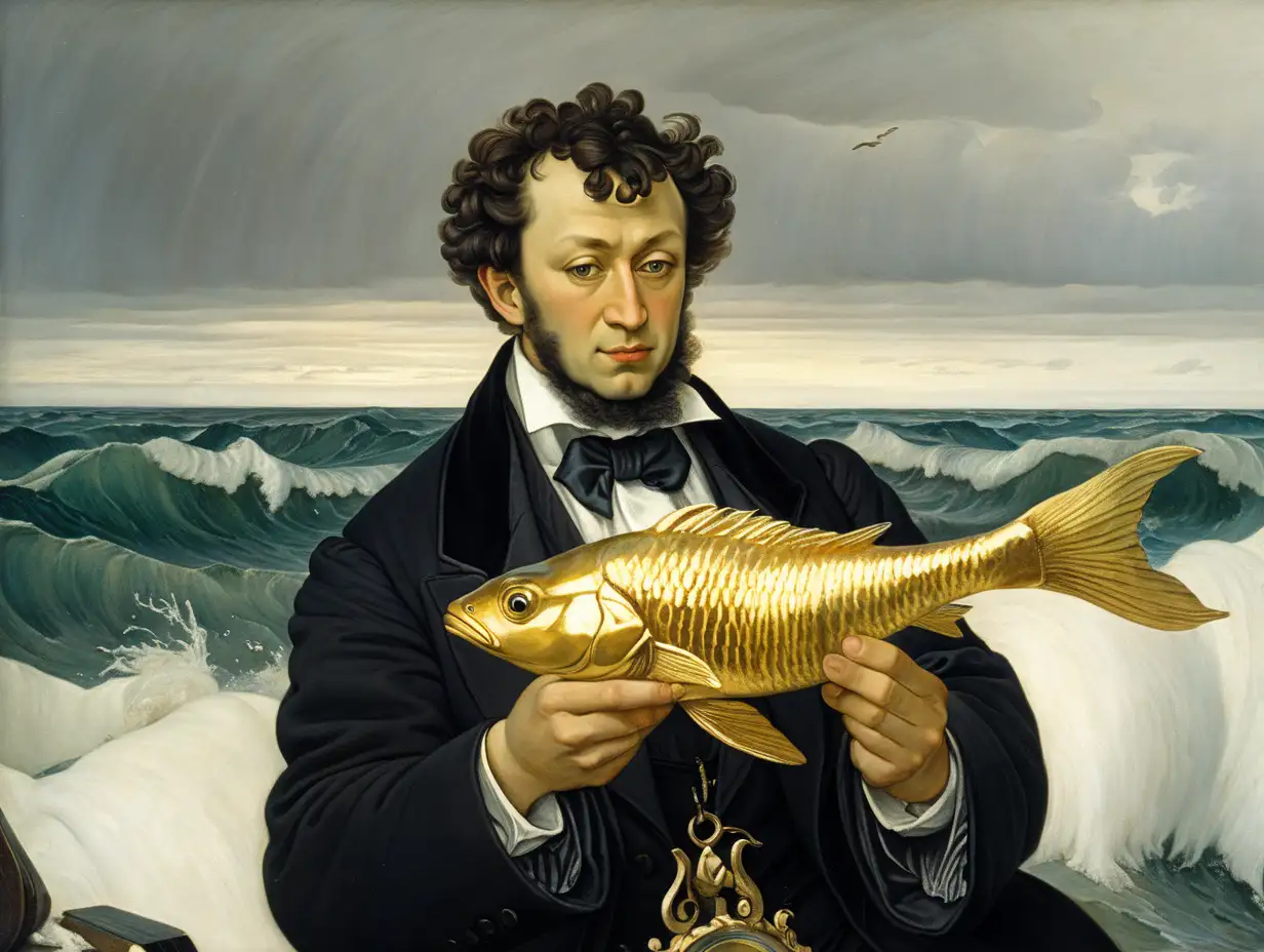 руский  поэт А С Пушкин делает селфи на телефон с золотой  рыбкой на фоне  бушующего моря     .  by Vasnetsov
