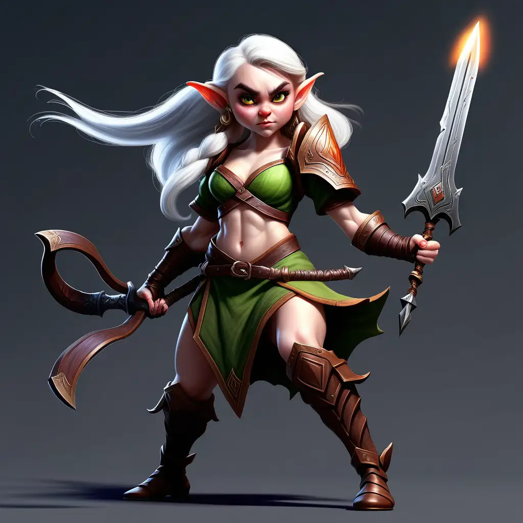 create a cool lady dwarf elf , in a fighting lunging pose with an amazing custom weapon, back ground needs majestic
