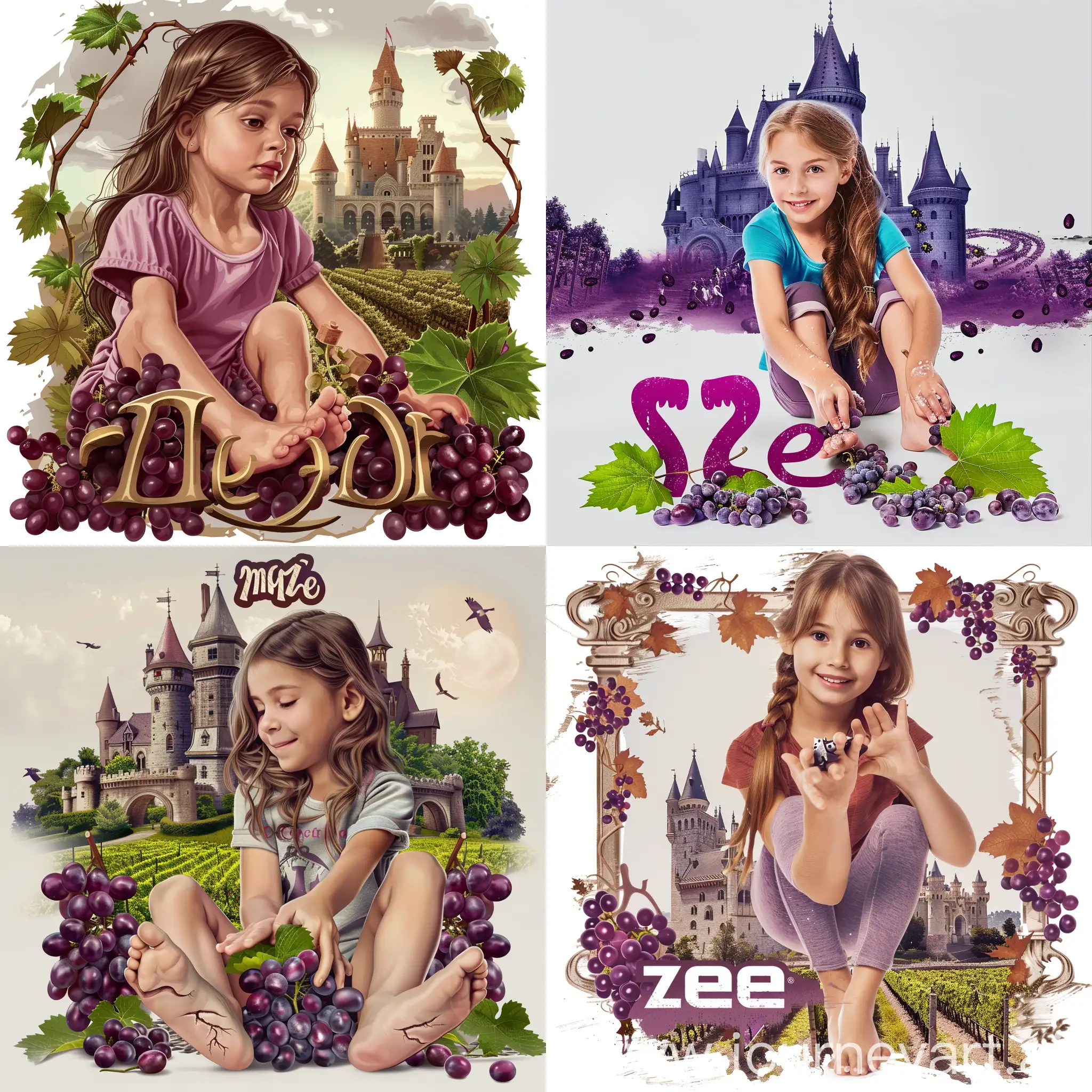 a young girl is crushing grapes with her feet in front of zile castle type realistic logo