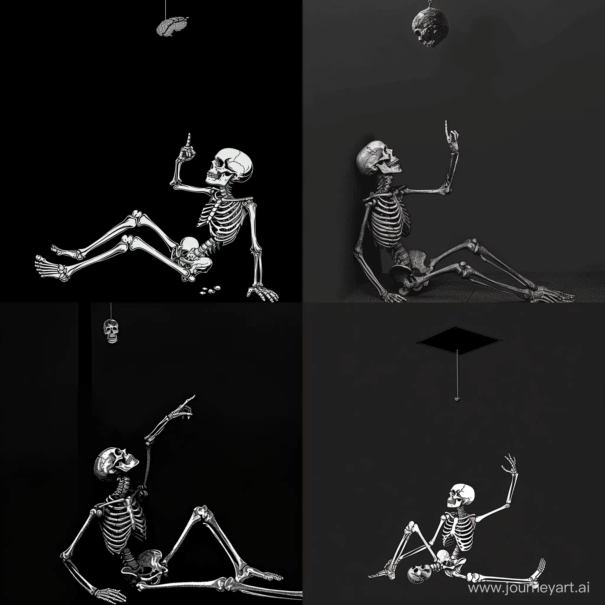 logo, minimalistic, deadman in full length who sits on the invisible floor, leaning against the wall, looks at the object above and extends the index finger towards it, bones, skeleton, black background