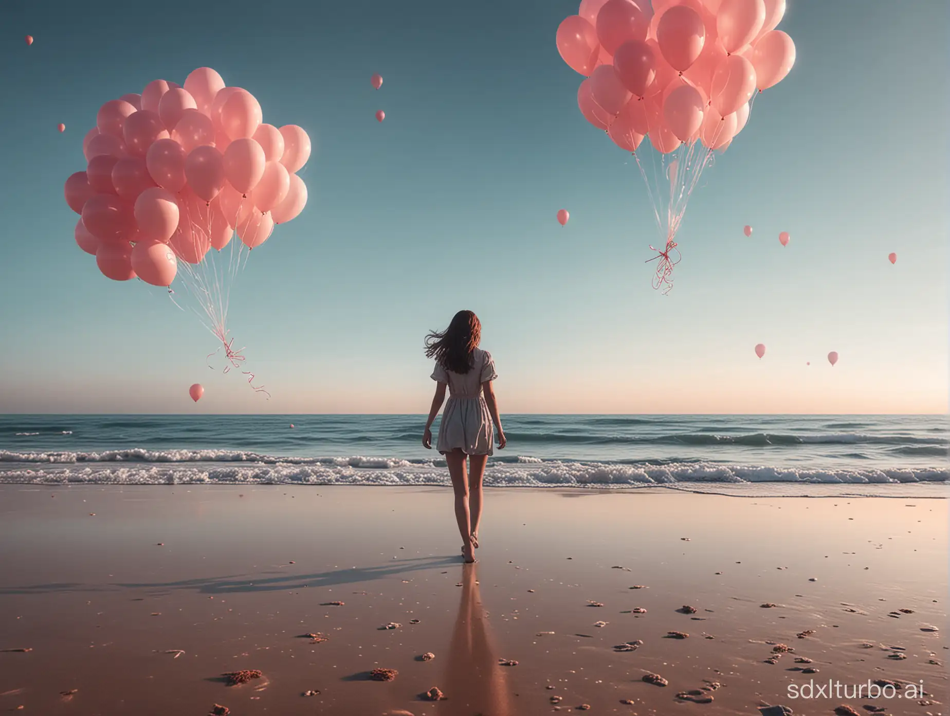 A girl is walking on the beach, balloons floating in the sky, with a sci-fi hue.