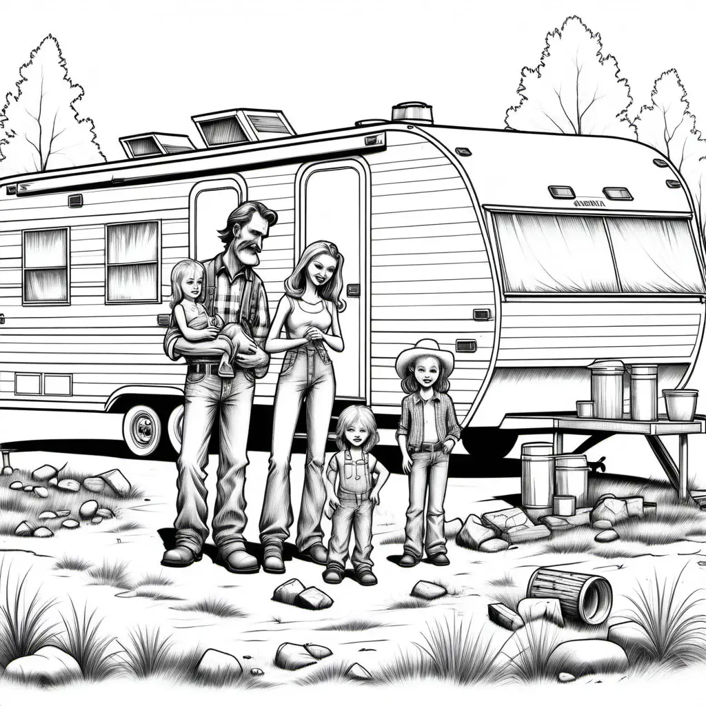 I want black and white images, no shading, coloring book page, hillbilly family in front of a mobile home trailer
