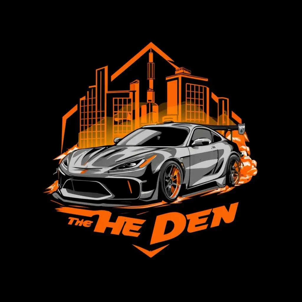 a logo design,with the text "The Den", main symbol:black and orange, japanese car, street racing, driving fast,complex,be used in Automotive industry,clear background