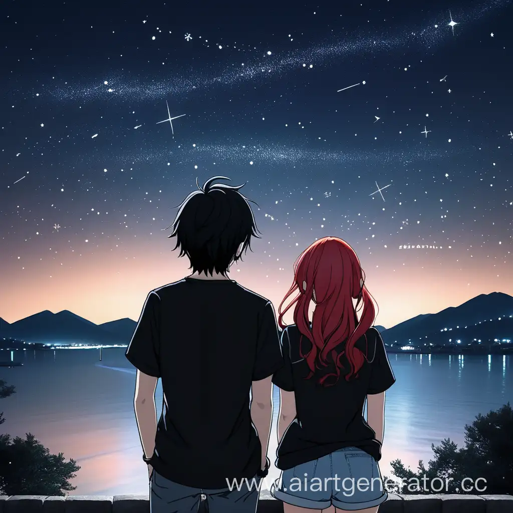 anime style, a guy black t-shirt black hair, and a girl red hair,look at the night sky with stars,  back view