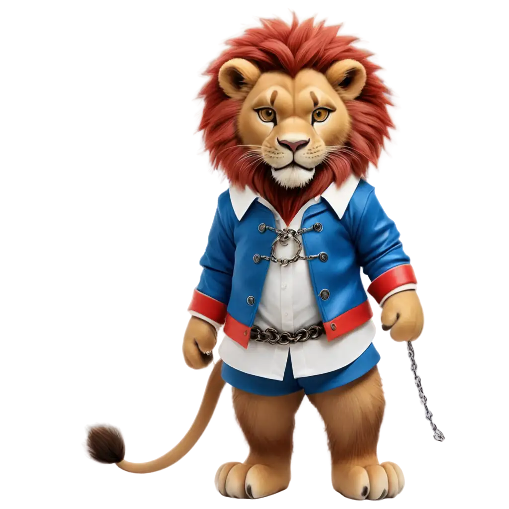 chained lion
with blue, white and red clothes
