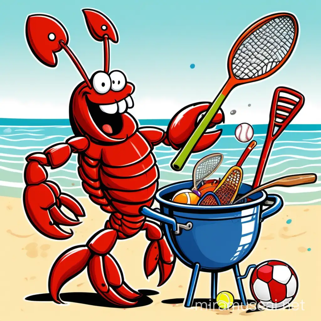 Cheerful Lobster Cartoon Chef Mixing Sports Gear Stew