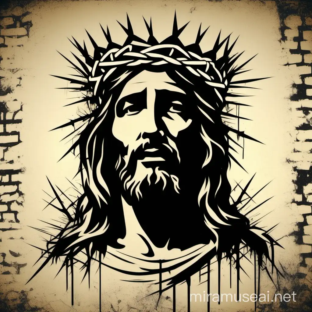 Jesus Christ face illustration with crown of thorns, banksy artist style, stencil graffiti style