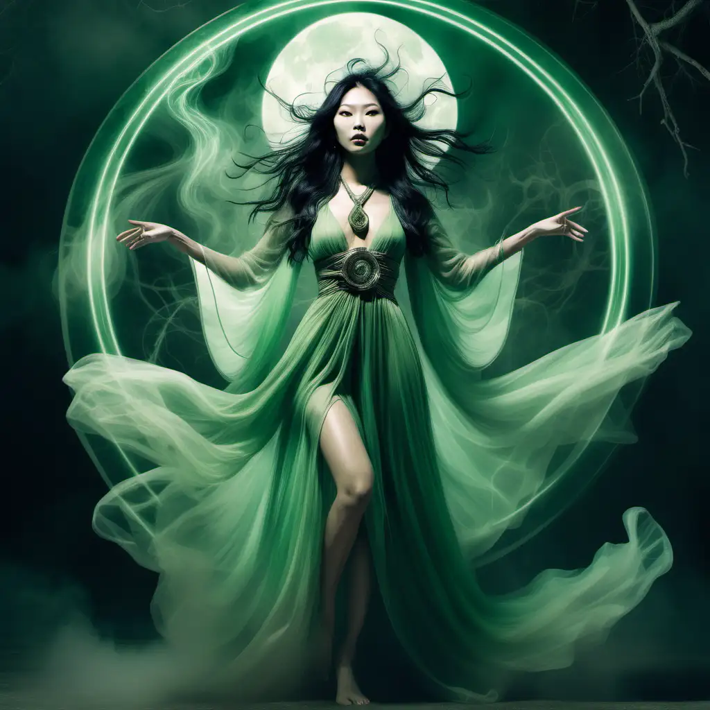 WONDERFUL song cover art of a full BODY display of a hypnotizingly beautiful 
transcendent asian female WITCH entity with perfect glowing slim facial features which depict peak human form and SHE IS SHOWING OFF godlike powers like levitation and matter manipulation which she could use for evil. faded Green pallete AND A SLIGHTLY REVEALING DRESS OR GOWN