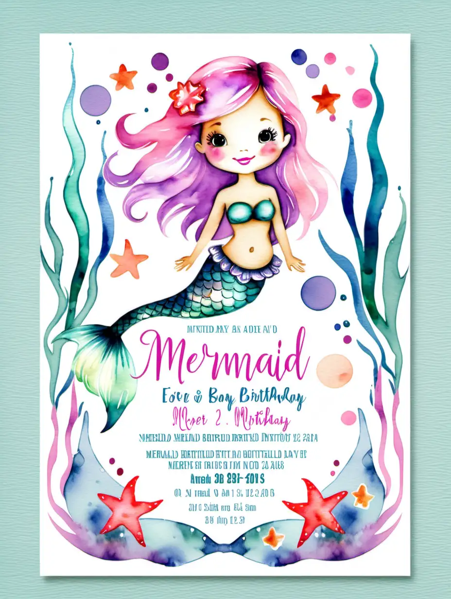 watercolor mermaid birthday invitation suitable for a little girl