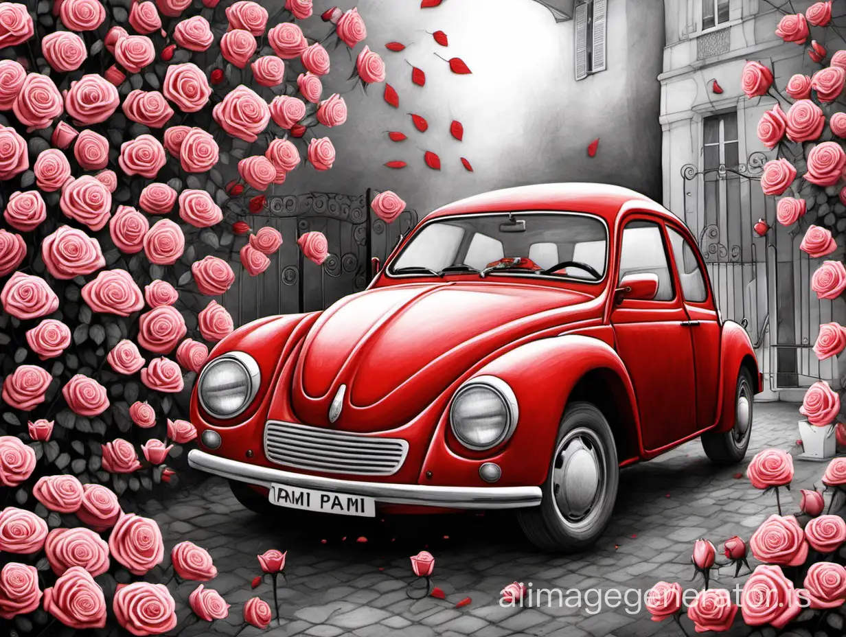 voiture rouge parmi les roses blanches