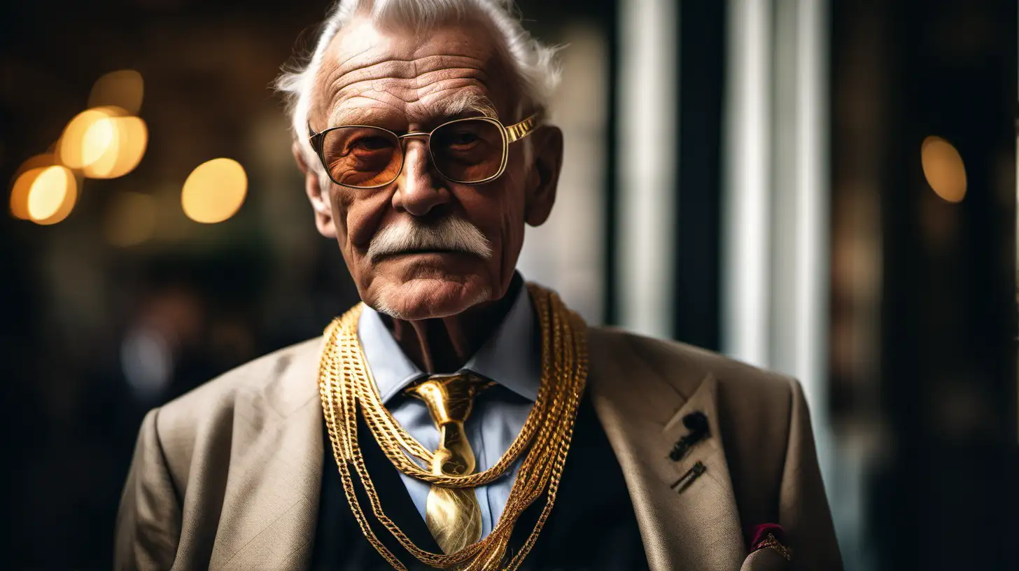 (An elderly Englishman adorned with multiple gold chains), (Sony A7 III with a 50mm f/1.8 lens), (Soft, natural lighting highlighting the gentleman's attire), (Portrait photography style capturing the elegance and sophistication of the Englishman with his gold chains)
