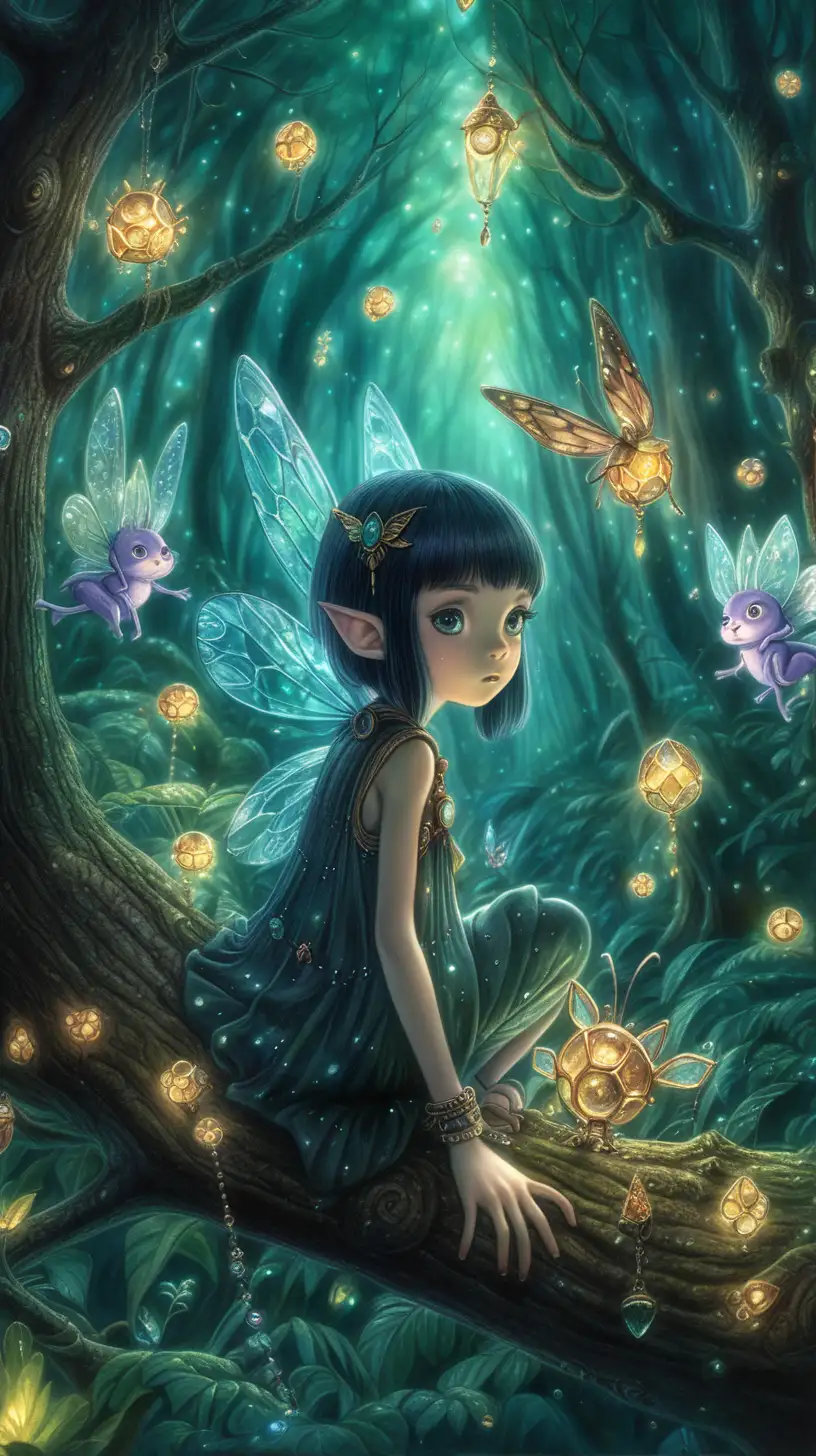 macro, ghibli art style, ugly art, dark fantasy, forest city, a pixie with her friewnds, gleaming jewels