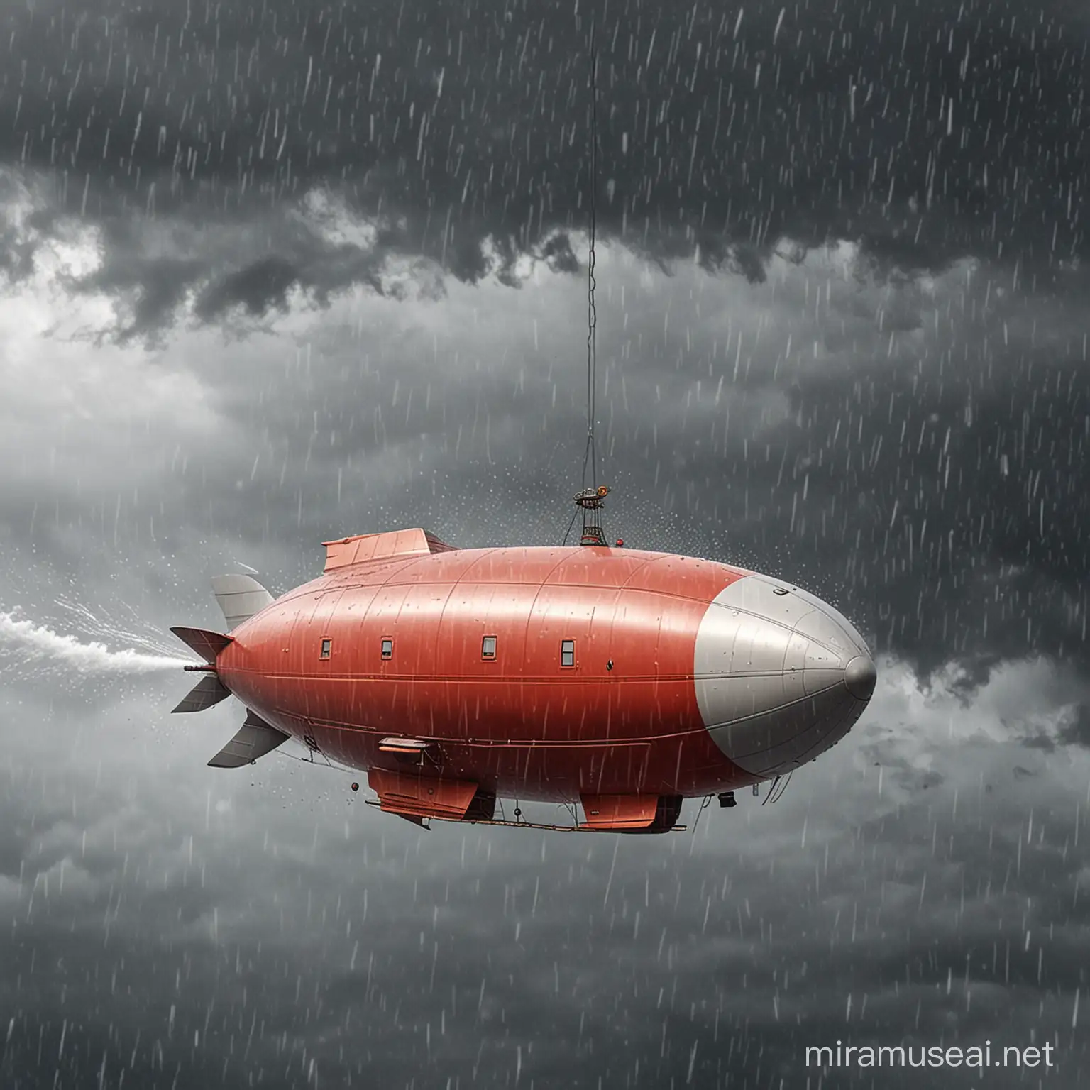 draw a cartoon of a air blimp in the sky being blown around  by heavy rain and strong winds