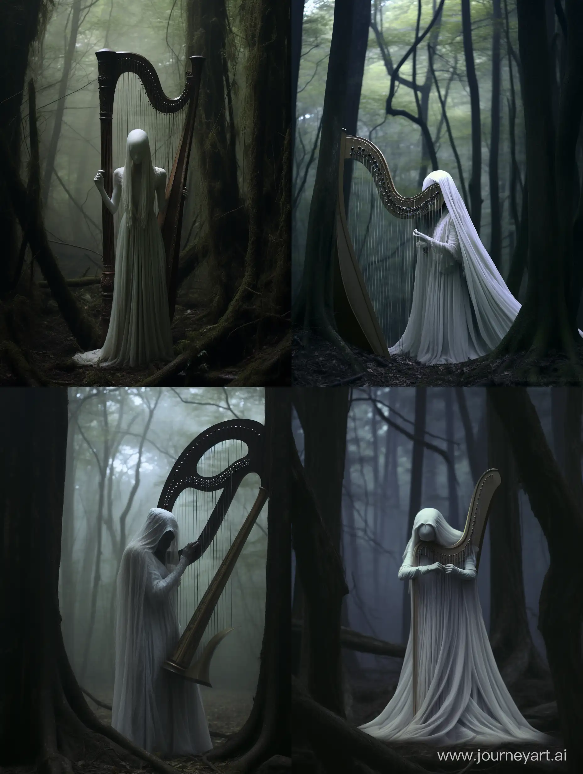 An ethereal figure playing a large harp in a creepy minimalistic forest. She possess a skull-like visage, adding an eerie and macabre atmosphere to the scene. The hair flows around the bony structures, lending an ethereal quality to her presence. Hyper real, hassleblad