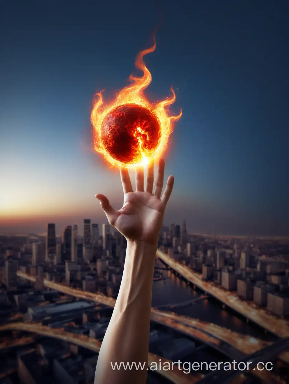 one hands with a fireball, city