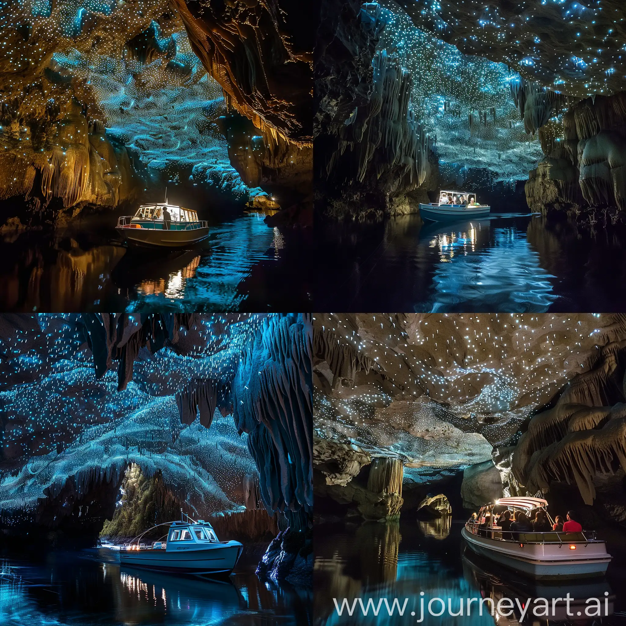 A boat journey through the illuminated caves of Waitomo, with thousands of glowworms creating a mesmerizing display overhead. The image captures the ethereal beauty and sense of wonder that defines this unique destination.