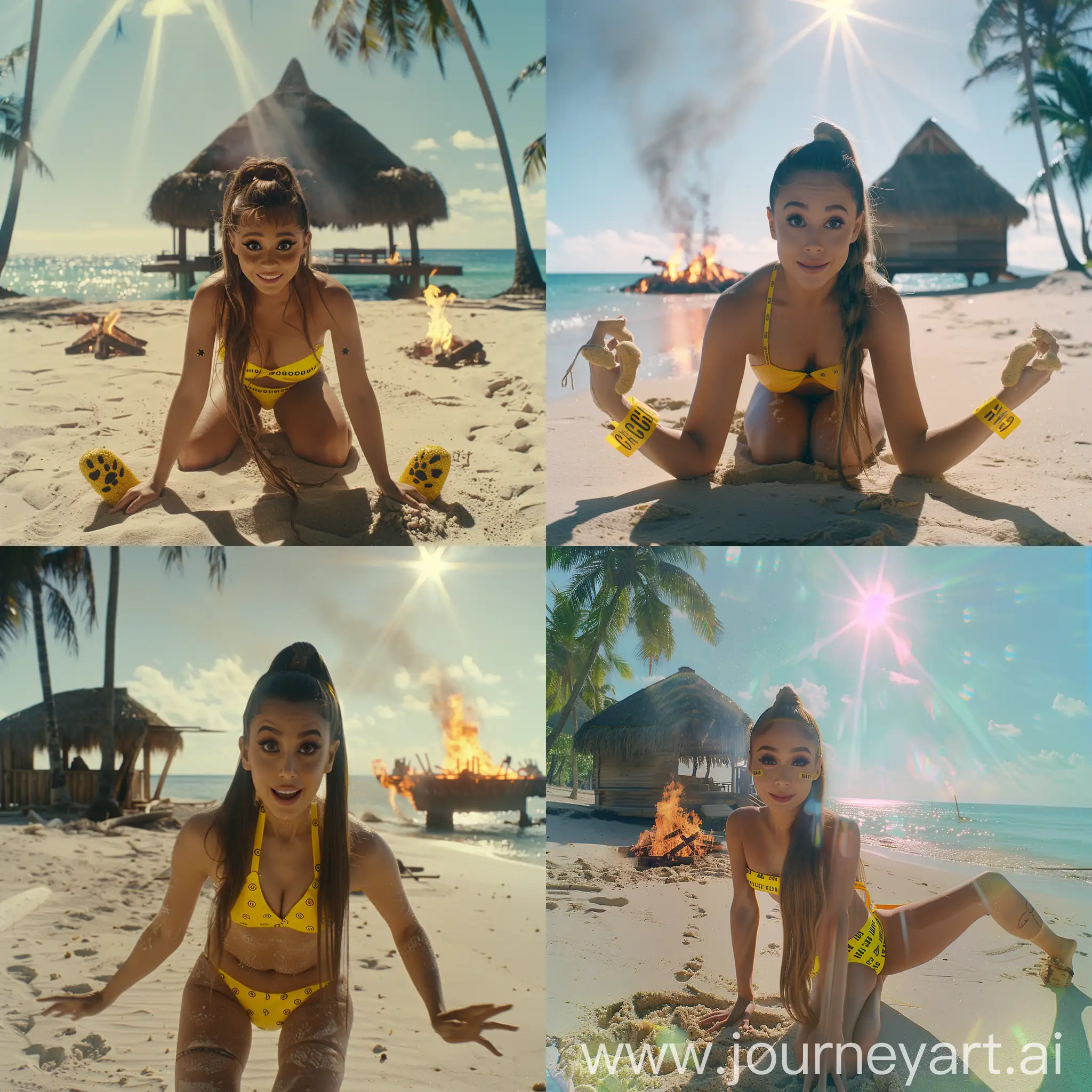 high contrast grainy film still, 4k, Grande stunt double clone (long ponytail, large brown eyes) on sandy beach, bonfire in background, yellow caution tape bikini, wooden hut on ocean, palm trees, clear sunny skies, direct sun rays shining down, acting like cat, hands in paws, dreamy smile