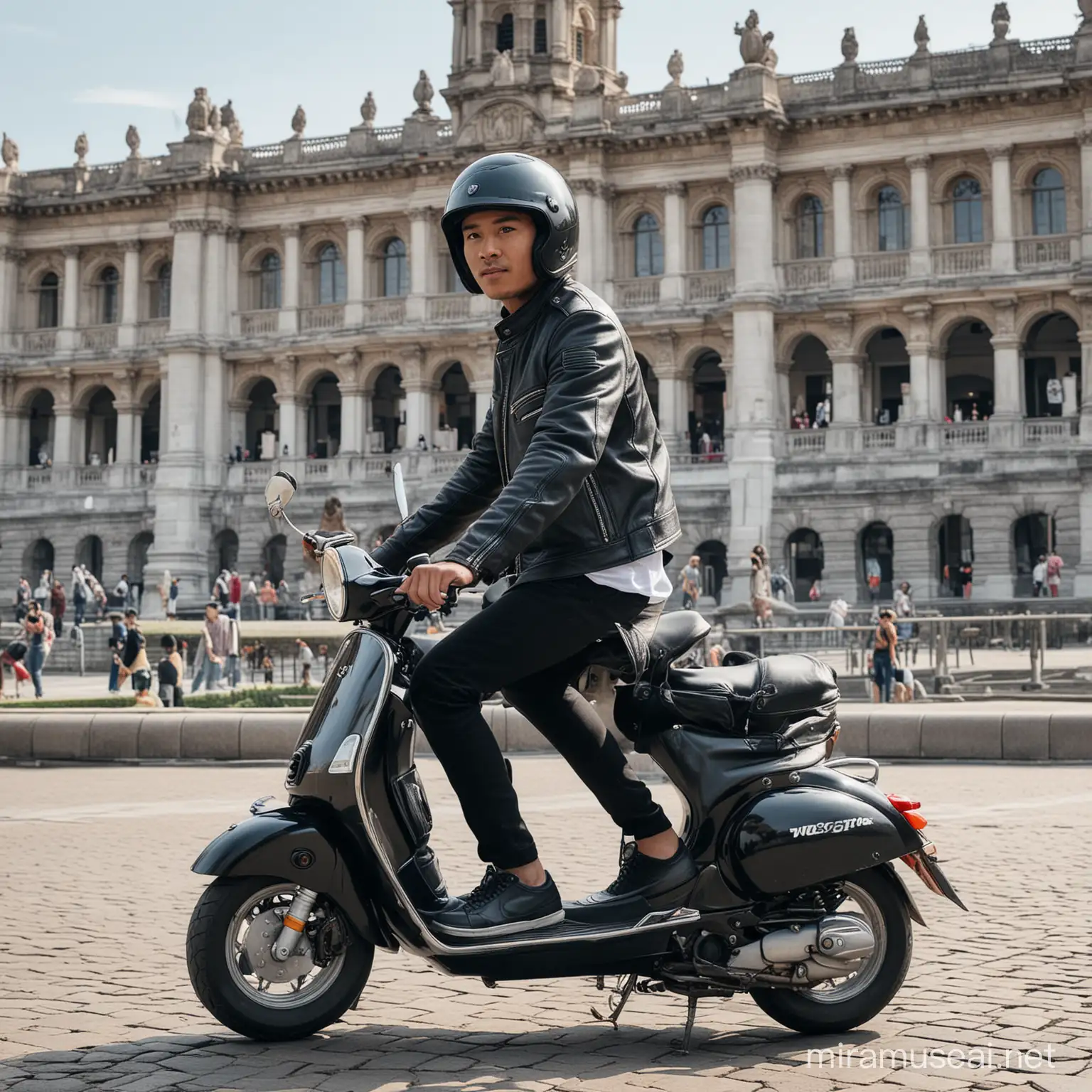 photo of a man from Indonesia, wearing a black helmet, wearing a black leather jacket, wearing black jeans, wearing black sneakers, riding a gray Vespa motorbike. background of tourist attractions