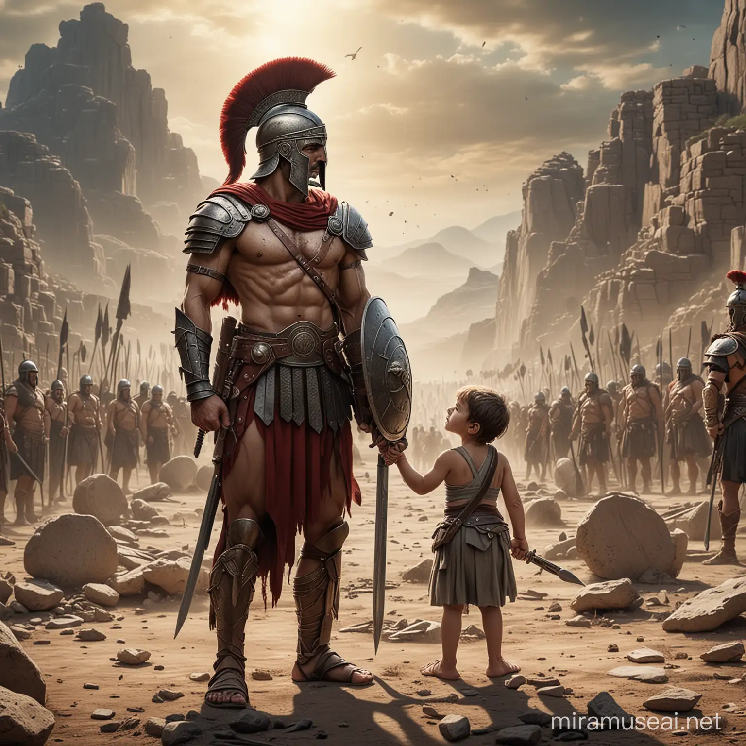 A lone male Spartan warrior standing in front of a mother and her child defending them against a large hoard of barbarians