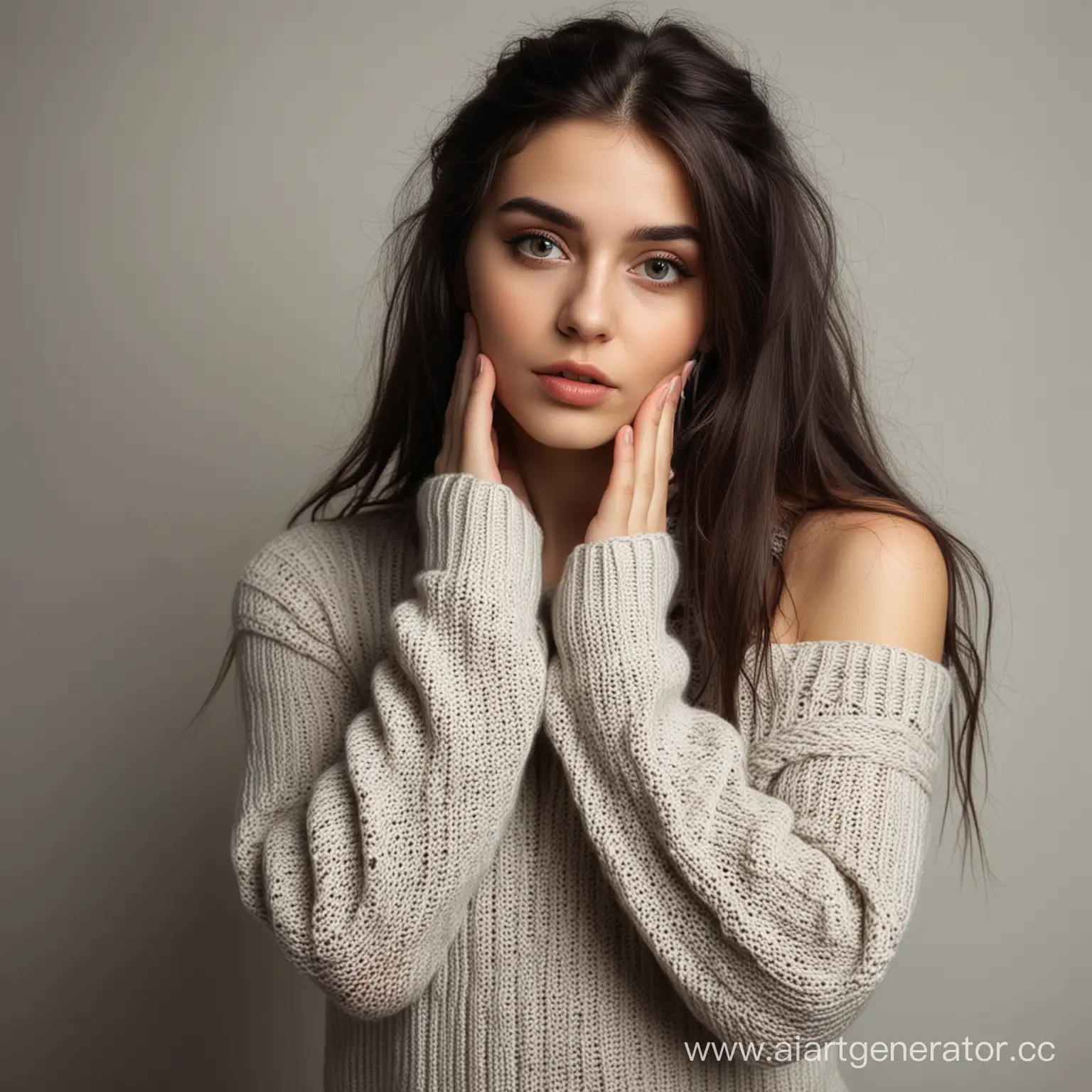 Gothic-Style-Girl-in-Knitted-Sweater-Poses-with-Hands-near-Face