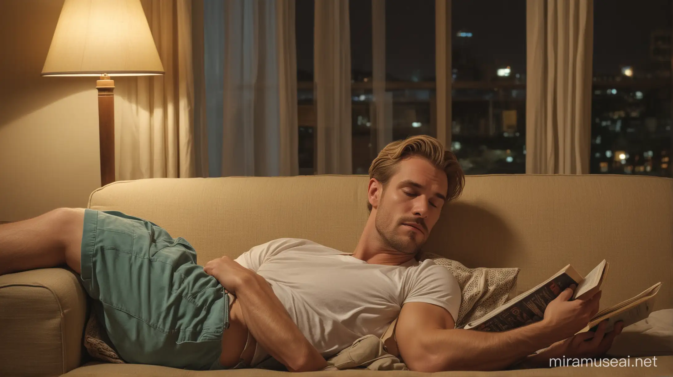 wide shot, dimmly lit mid century living room, blond rugged looking muscly handsome man wearing tshirt and shorts, asleep on retro sofa, with pulp novel book open and resting on his chest, large window in background, relaxing, nighttime