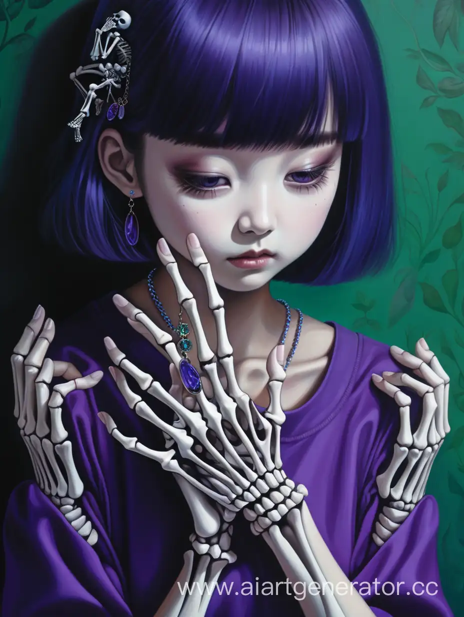 Korean girl, skeleton hands touch the girl, purple, green, dark blue, wall, jewelry.