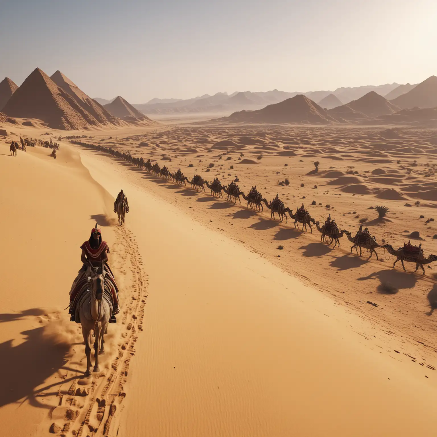 (Egyptian pharaohs' caravan: 1.3), a egyptian pharaohs' caravan traveling through the desert, full shot, super realistic, extremely hyper detailed, cinematic 8k.
