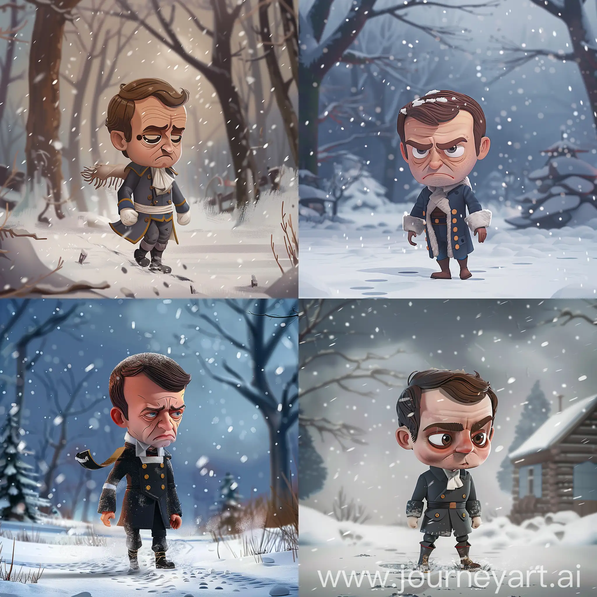 The sad Emmanuel Macron, a shabby Napoleon's costume uniform , He walks with difficulty through a blizzard and the wind through deep snow, character sheet, comics style, gloomy in winter,  whole body, 3d modern cartoon style, pixar style, chibi, disney style character