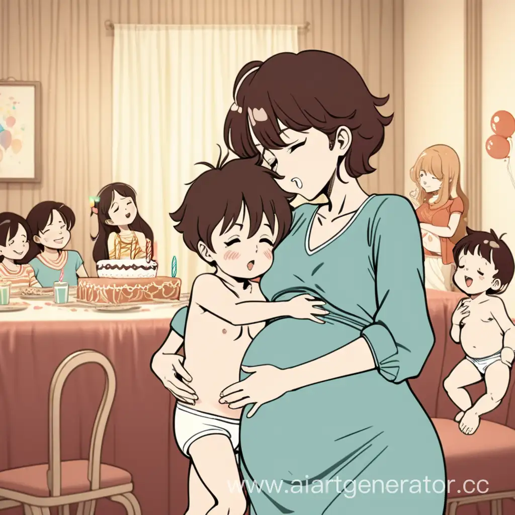 vintage anime overdue pregnant mother in birth with little son hugging his mommy's belly in (birthday party)