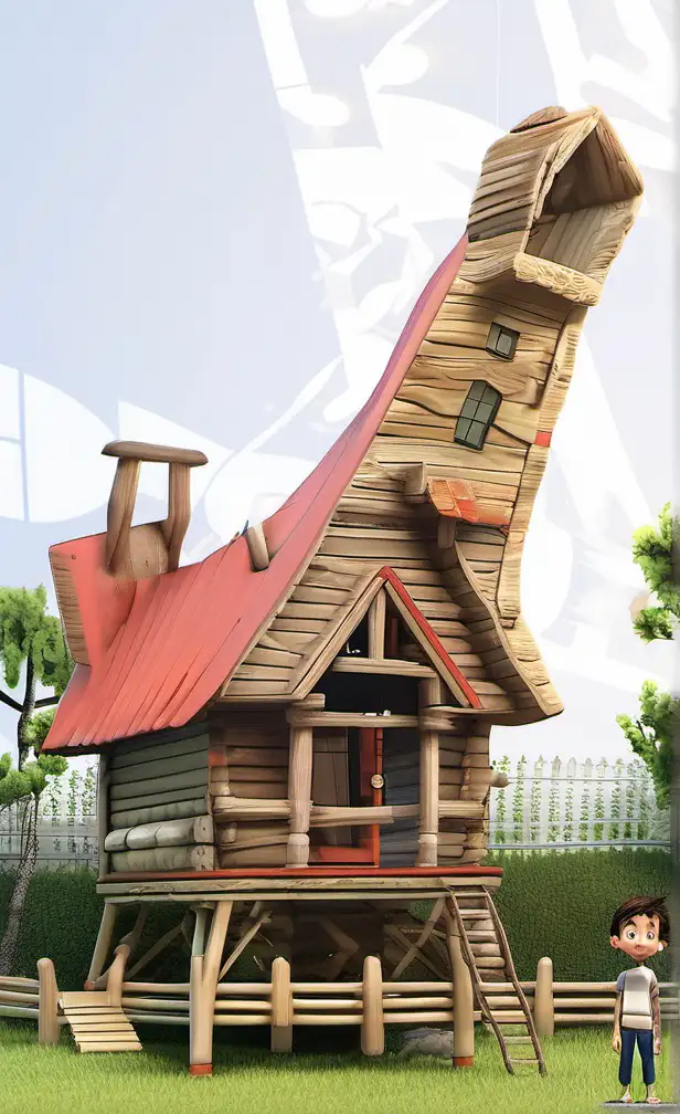 Create a 3d illustrator of an animated character of a 10 year old boy standing 50feet far from a wooden house in a small village. The image should look like the boy is looking at me.