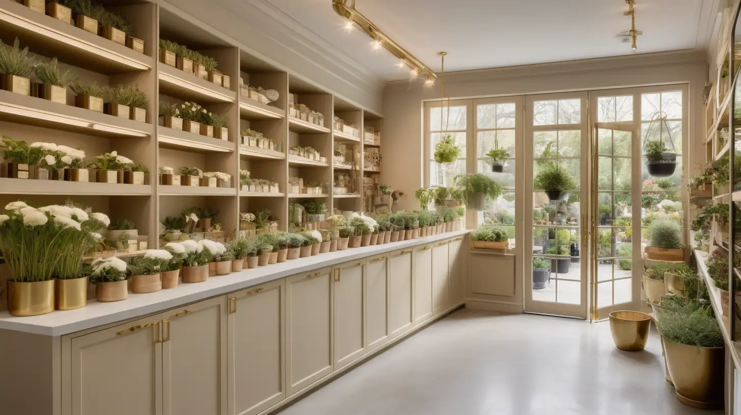 Modern Parisian, paltial garden centre; built in display storage with seed packets, pots, tools, gardening supplies; counter; brass track lighting; glass doors open to the plant nursery and gardens; beige, light oak, brass, ivory colour palette