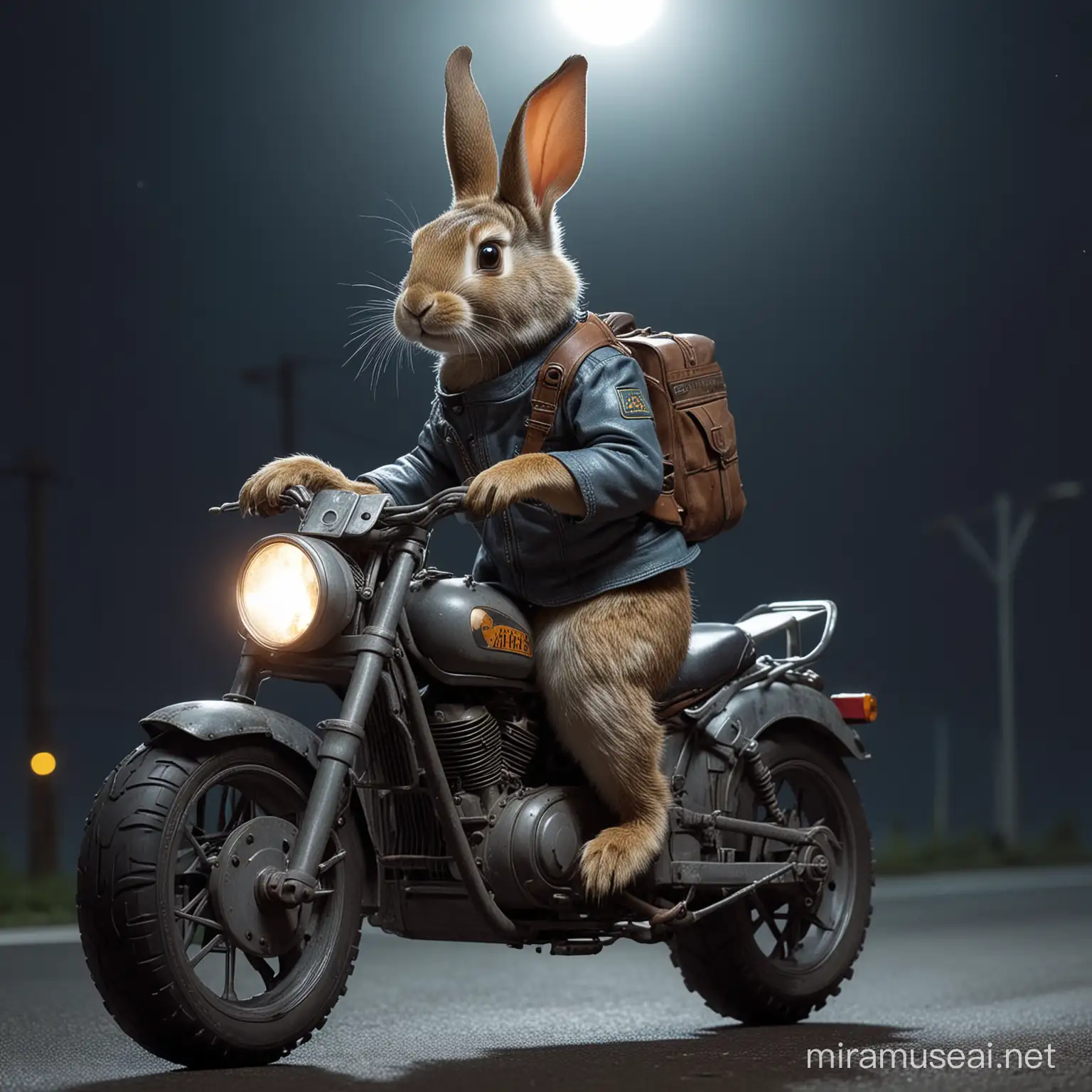 Nighttime Adventure Rabbit Riding a Motorbike