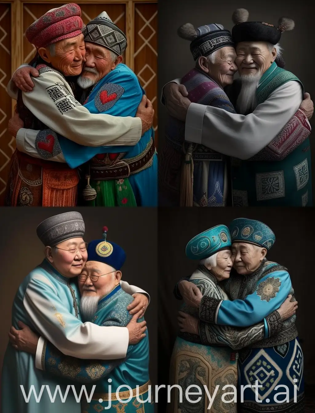 Kazakh elders in national clothes hug and celebrate the holiday "Korisu"