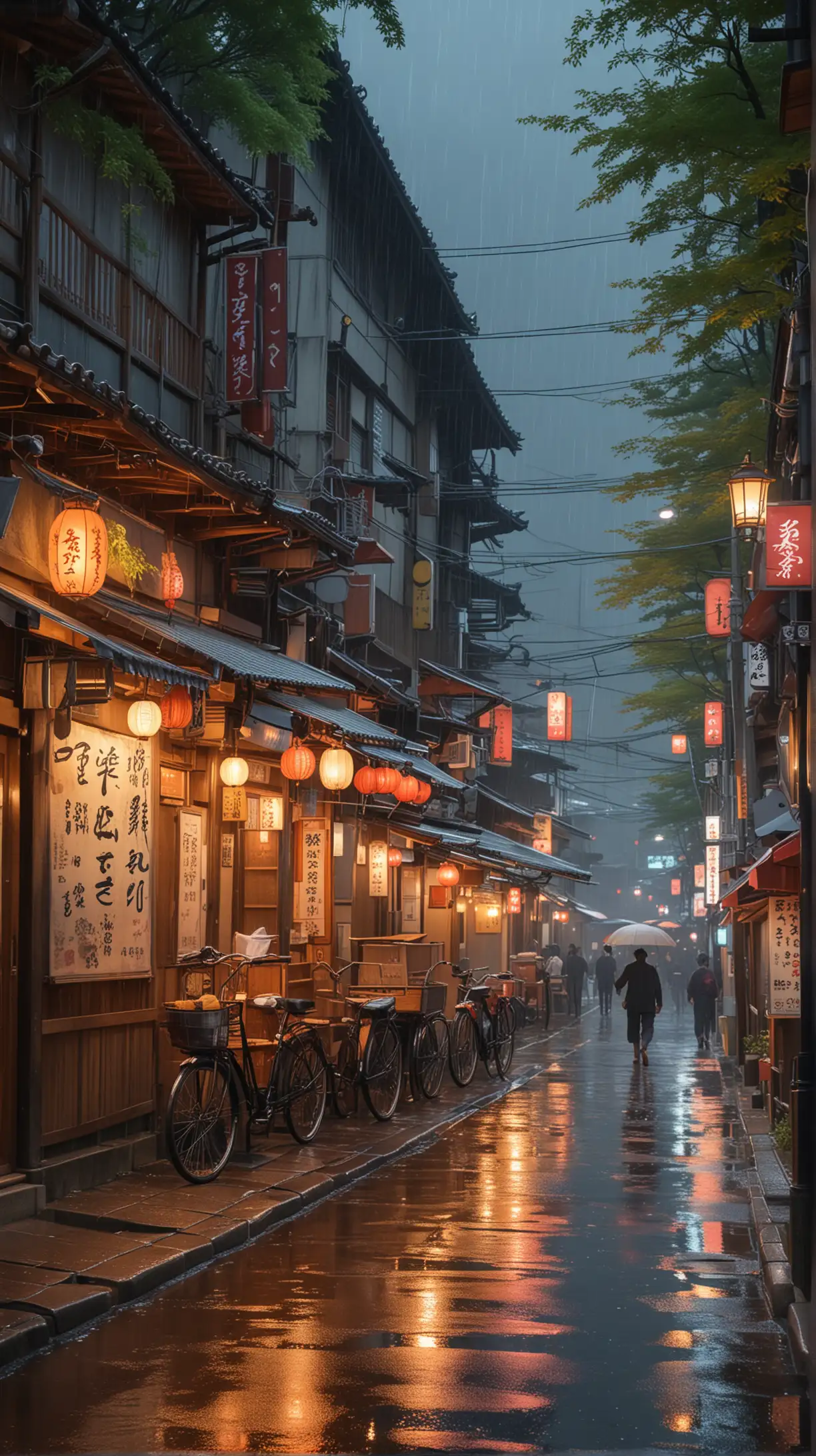 Colorful Rainy Night in Kyoto Vibrant Gang Street Scene with Traditional Restaurants and AnimeInspired Illustration