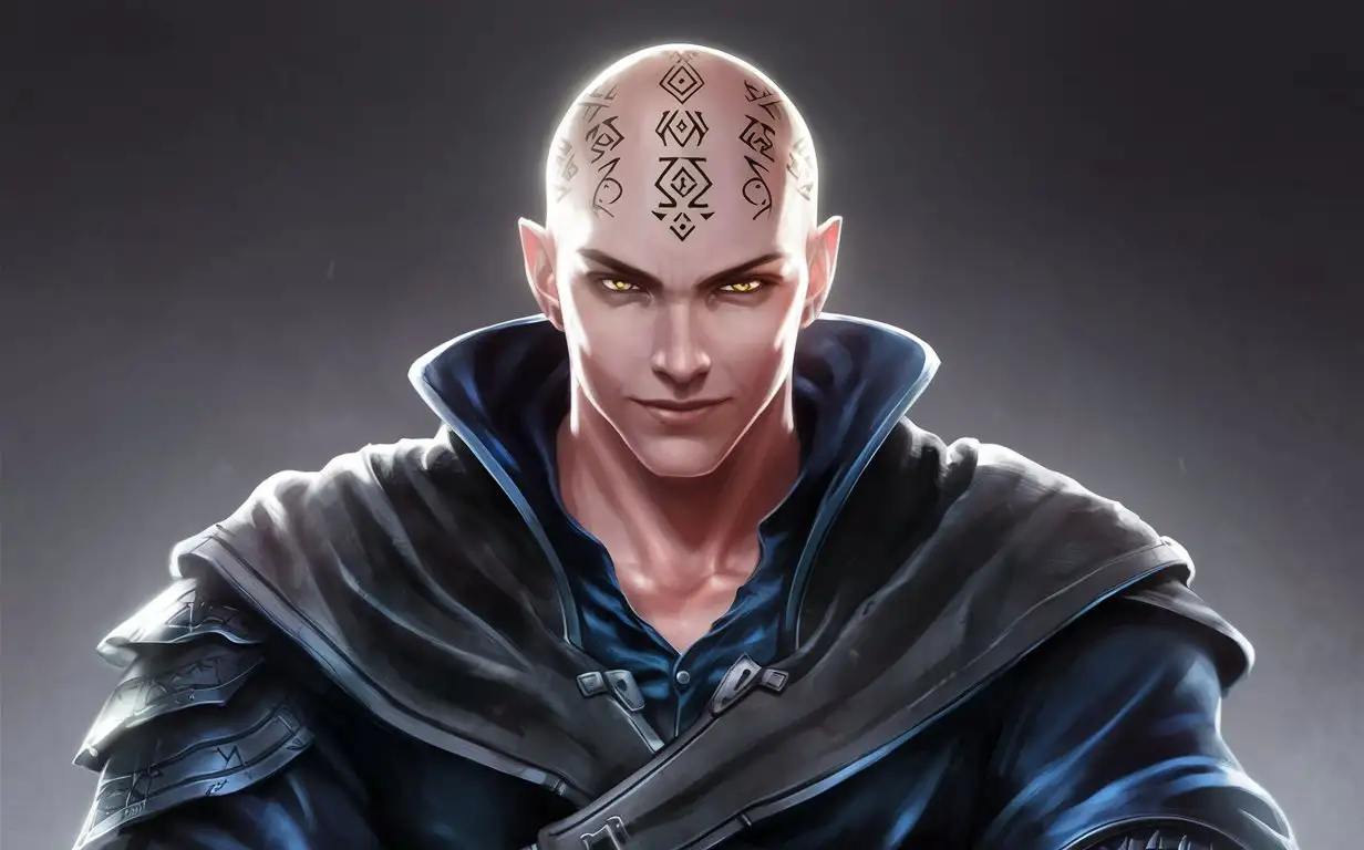 Race: Human
Age: 30
yellow eyes
male
complete no hair and tattoos on his head that look like nordic runes and he is a warlock for RPG games and completely hundsome, no beard, no pointy ears