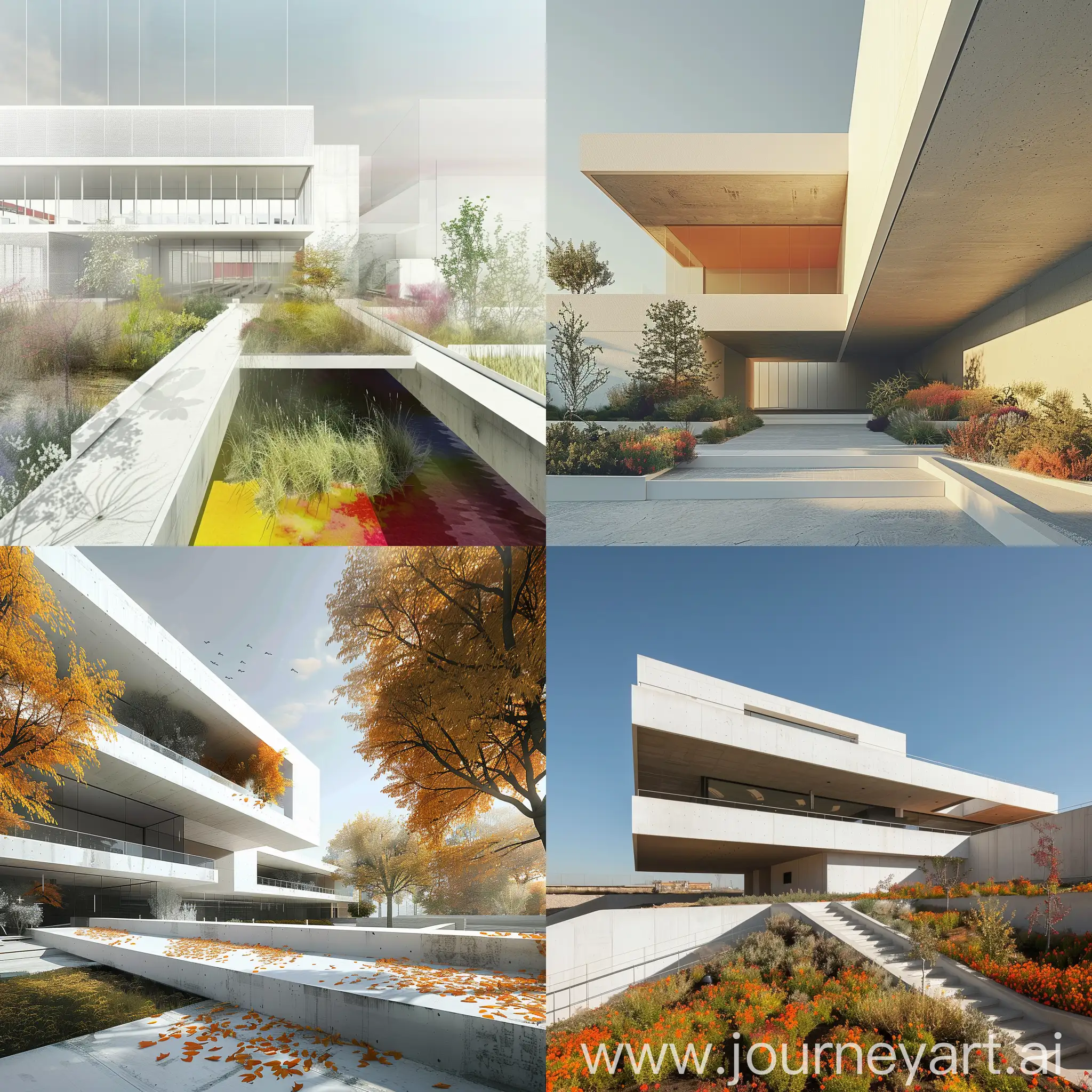 An external architectural block for a plant research center, two floors, an underground floor and an above-ground floor, modern style, white concrete. Colors can be used to derive solar energy.
