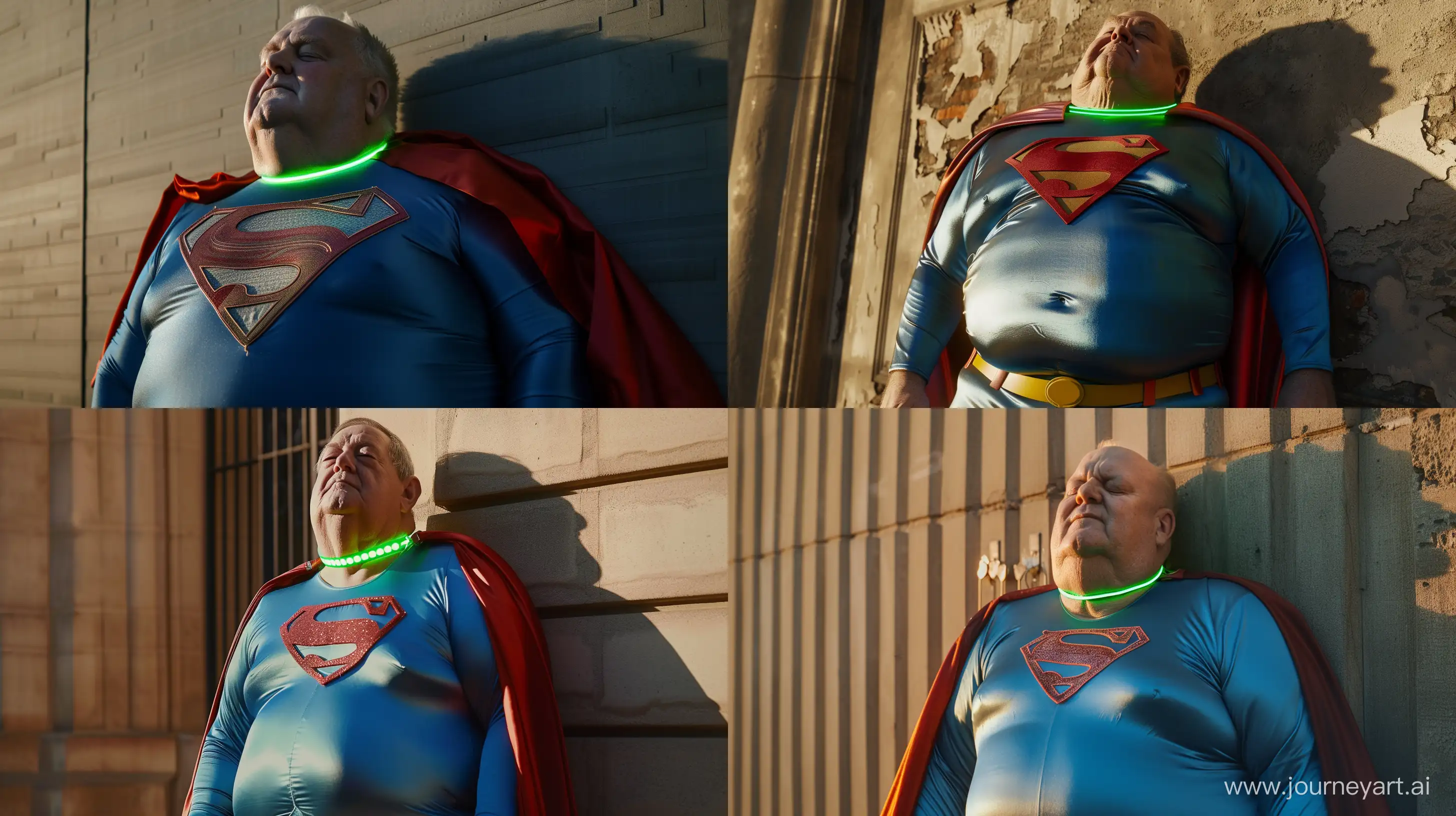 Front view close-up photo of a fat man aged 60 wearing a silk blue superman tight costume with a big red cape and a tight green glowing neon dog collar. Sleeping standing up against a wall. Outside. Natural Light. --style raw --ar 16:9