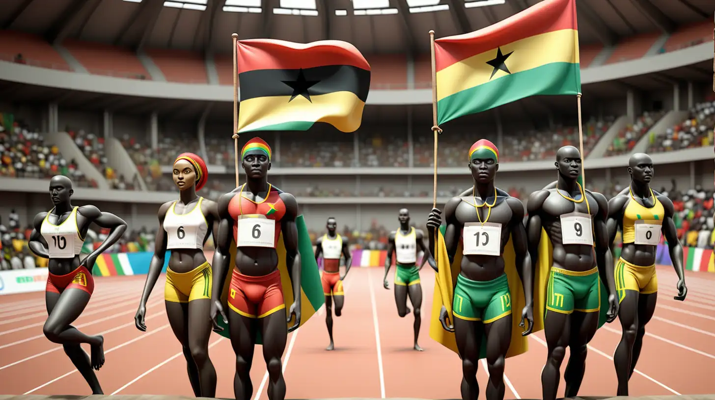 all african games in indoor arena full of crowd and mix of male athletes and female athletes,with Ghana flag , in traditional african sports outfits